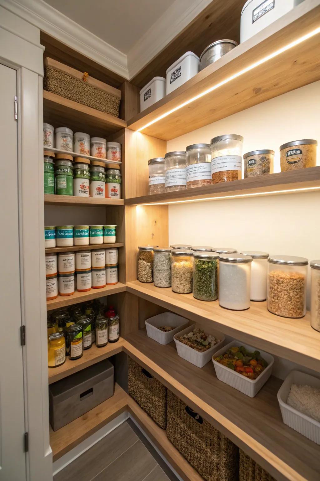 A corner-embracing pantry configuration for optimum storage.