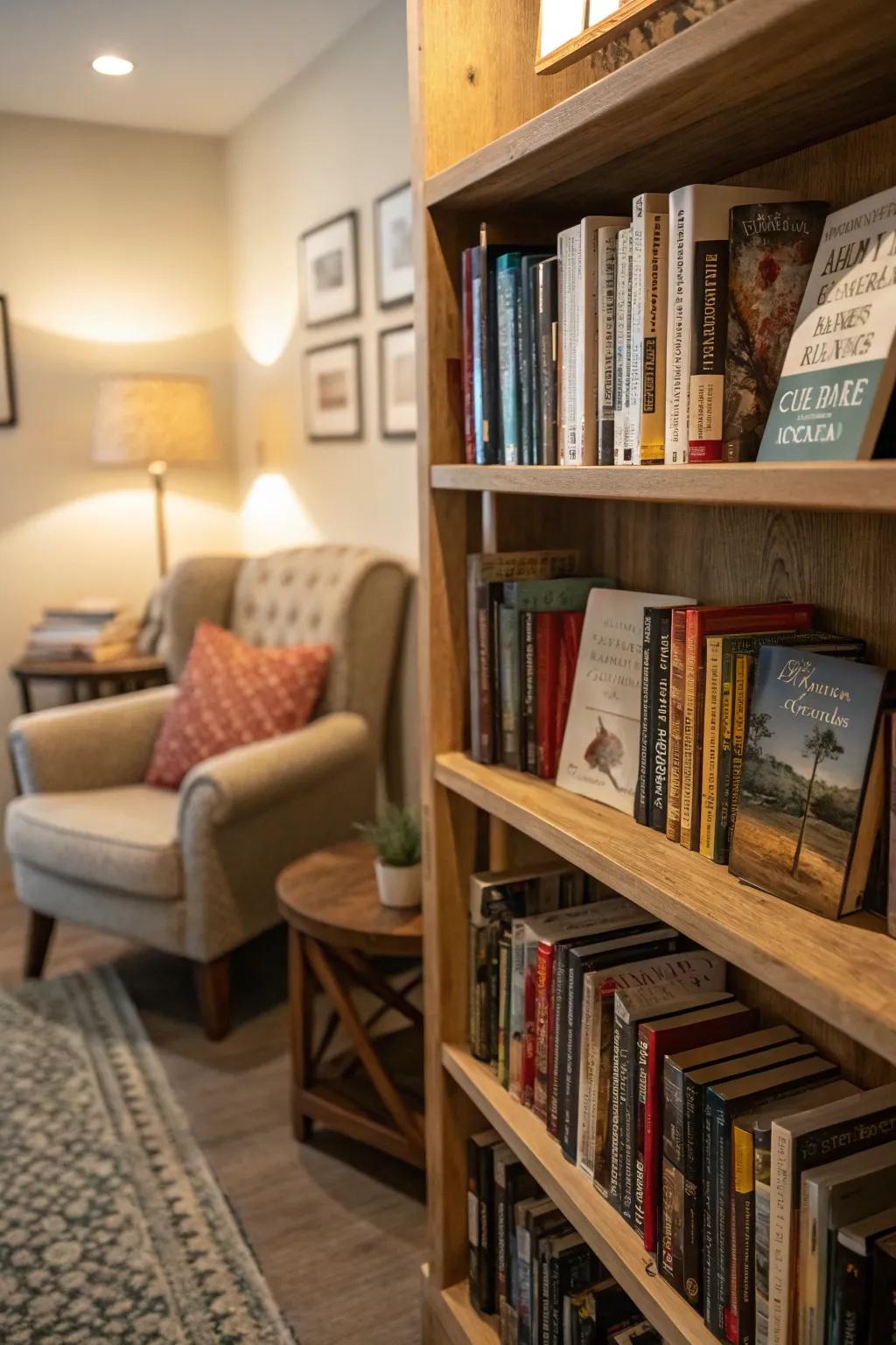 A cozy book nook with a corner shelf filled with books.