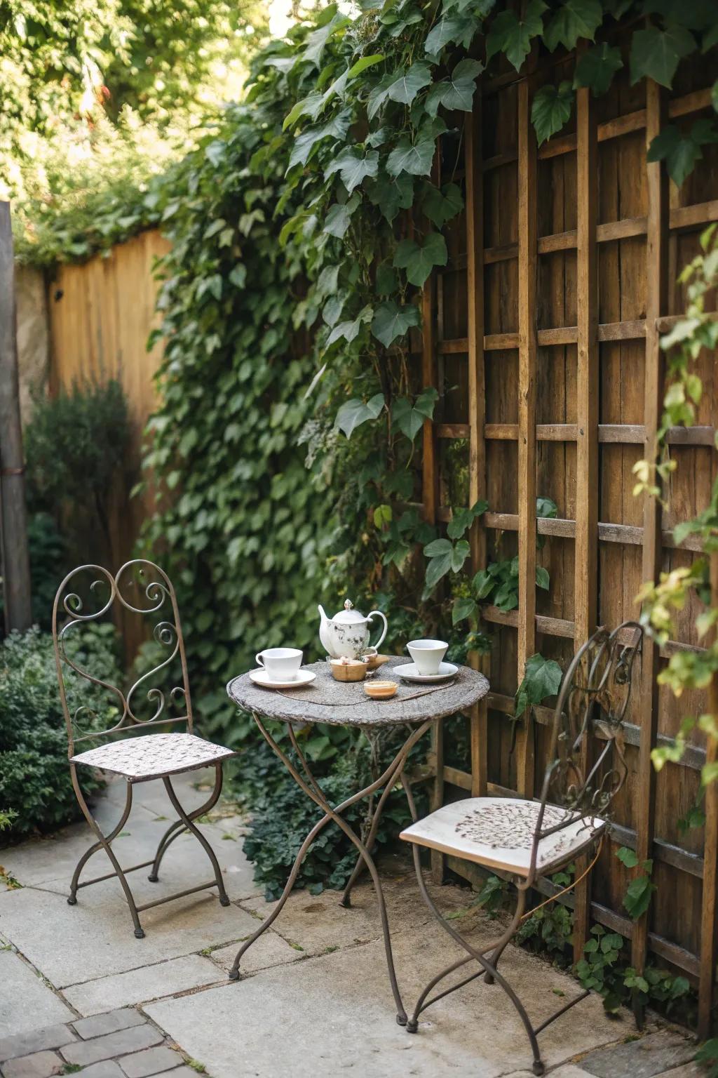 A garden nook showcasing a trellis covered in ivy, alongside a comfy bistro set.
