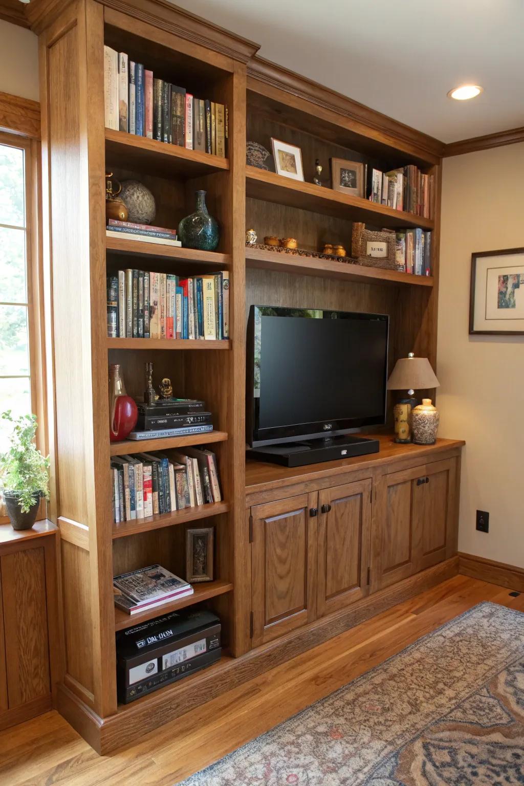 Integrated shelves around the TV provide a smooth integration of storage and style.