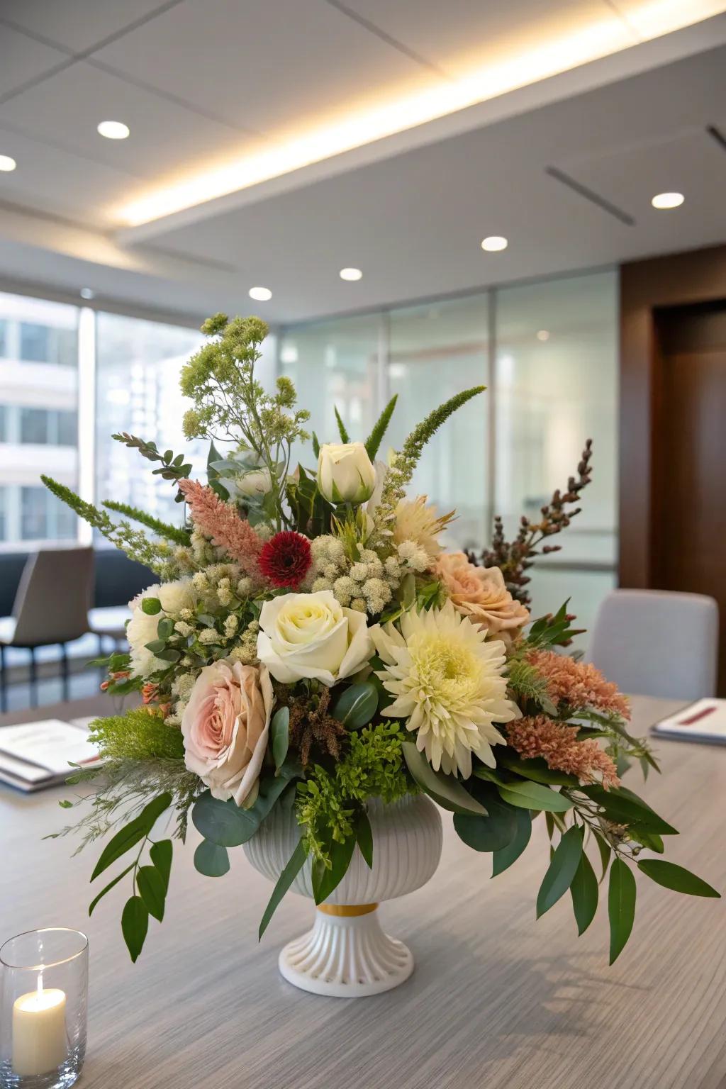 Refined floral centerpiece showcasing in-season flowers.