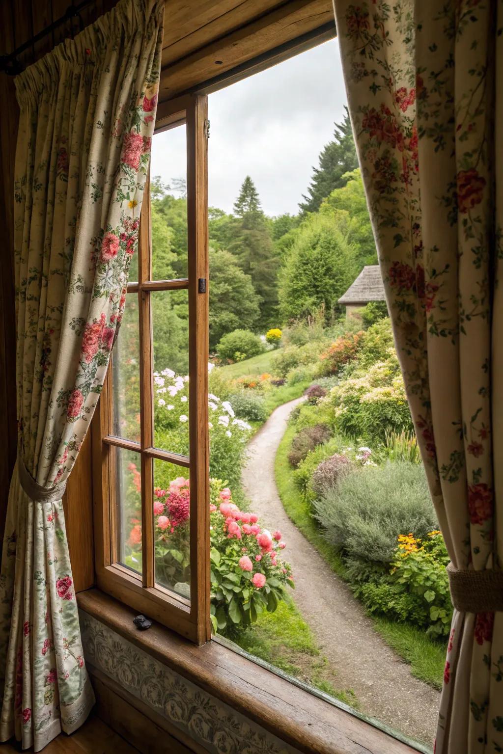 Floral print curtains add a touch of garden charm to your cottage interiors.