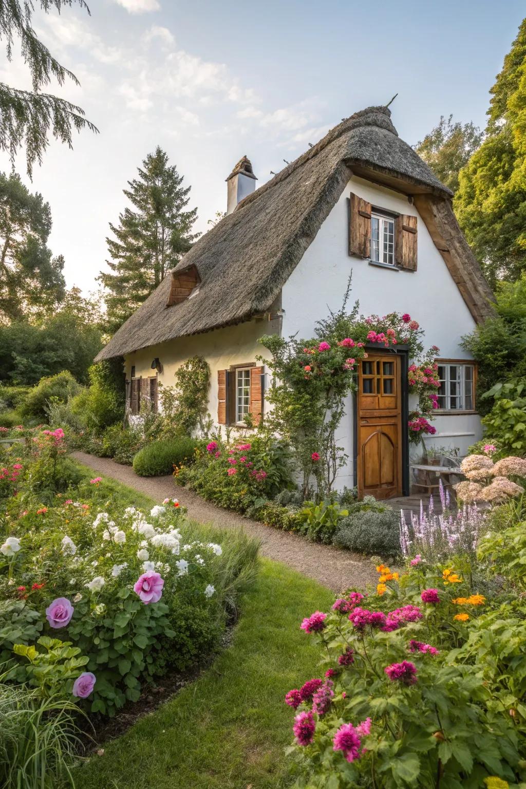 A vibrant garden infuses life and allure into any cottage exterior.