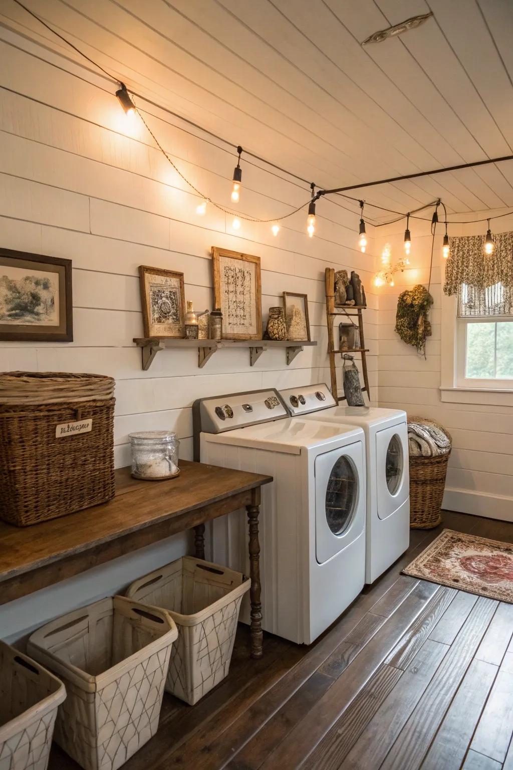 Shiplap walls give your laundry space a classic, country-style appeal.