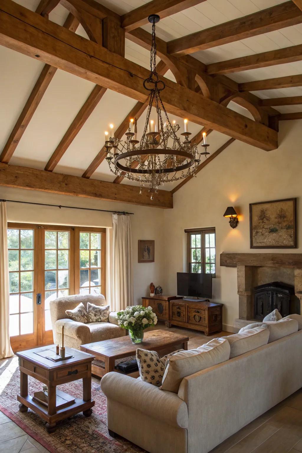 Revealed wooden supports provide a rustic appeal to the living space.
