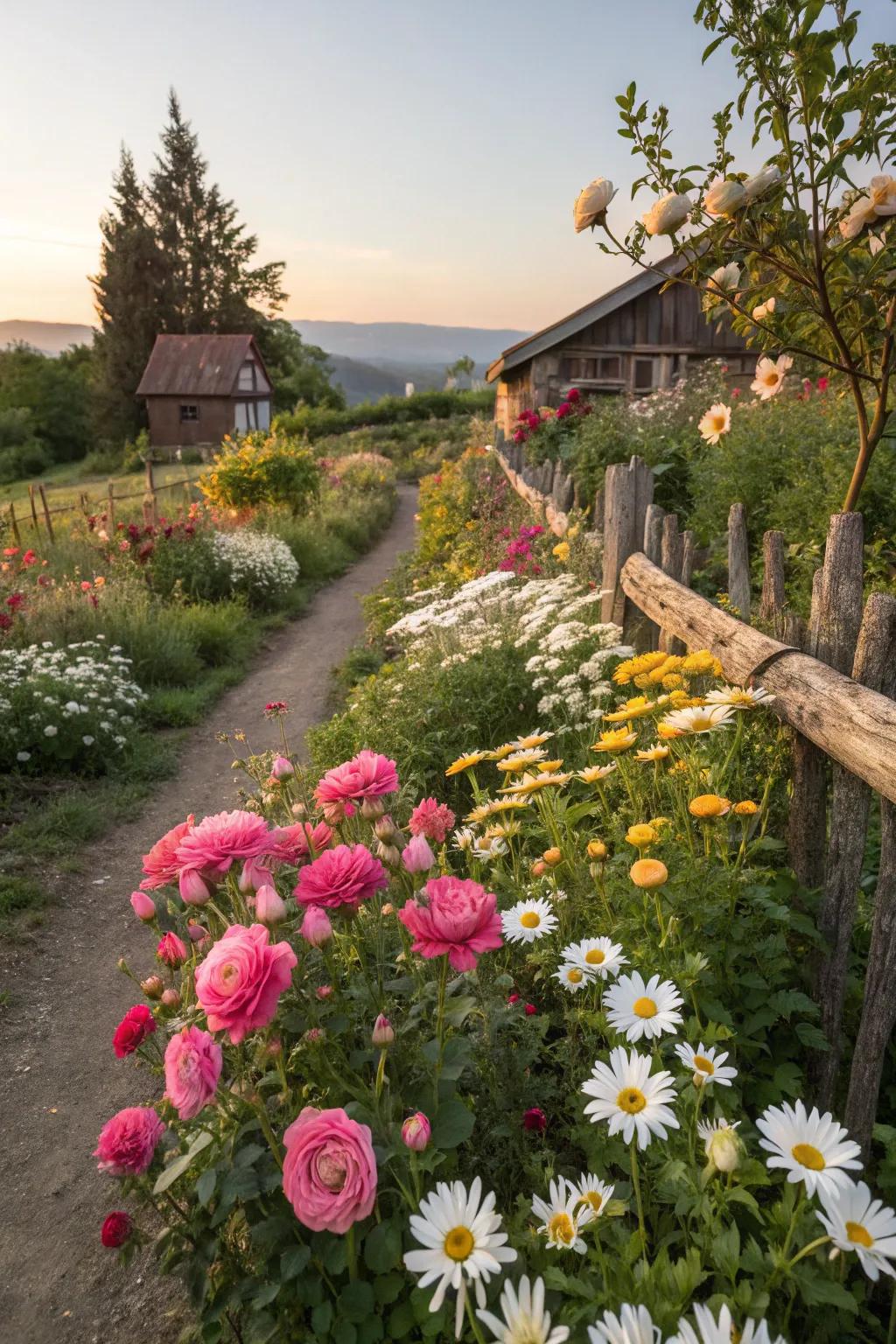 A vibrant collection of flowers brings a kaleidoscope of hues to this cottage garden.