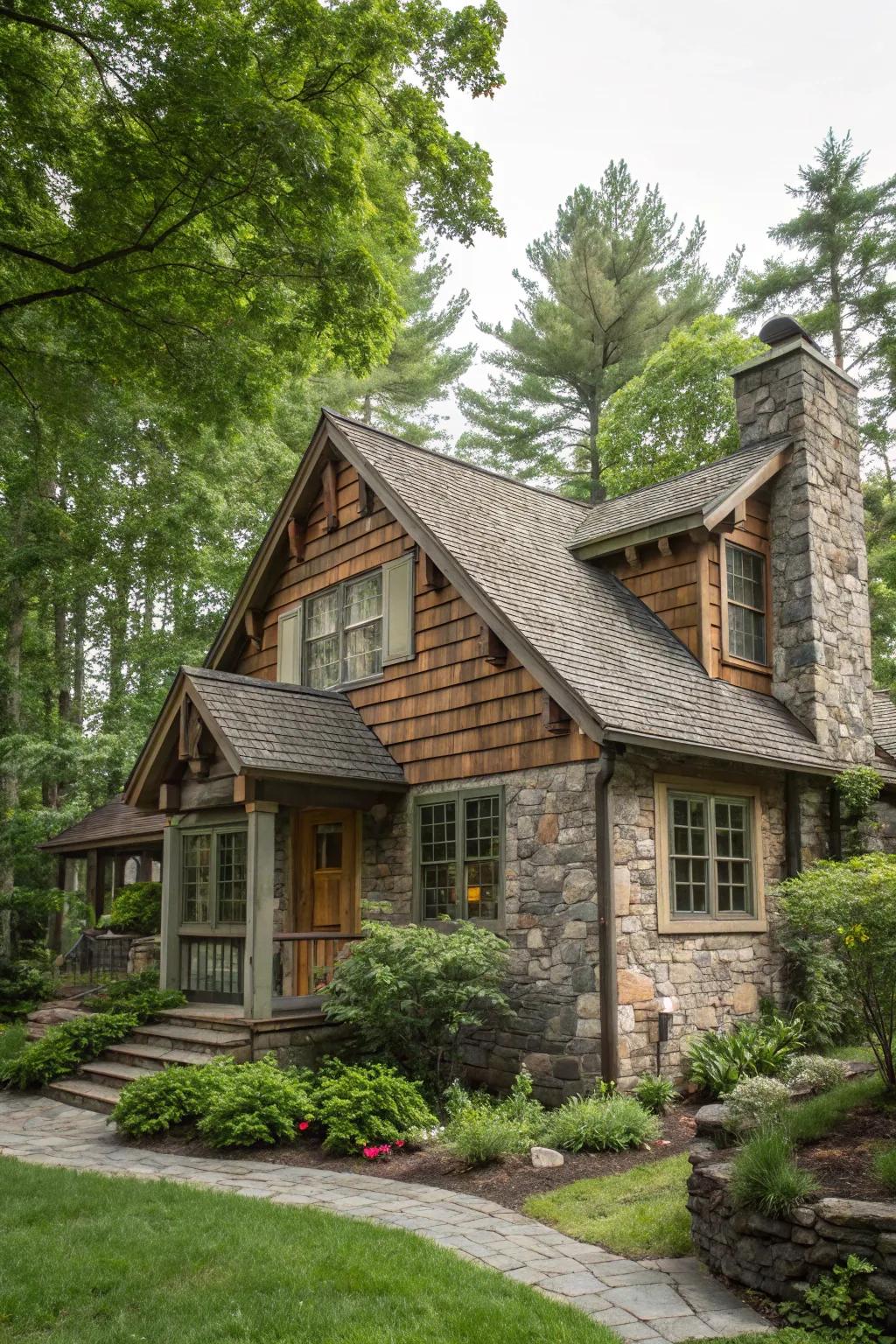 Rustic charm at its finest with wood and stone siding.