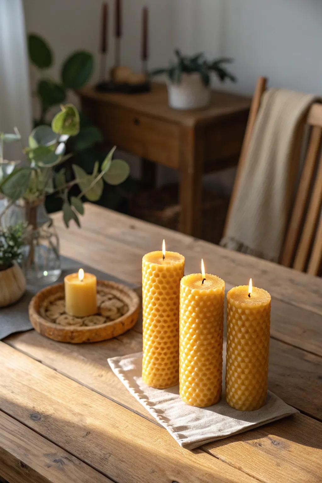 Artisan crafted wax lights evoke coziness and country charm.