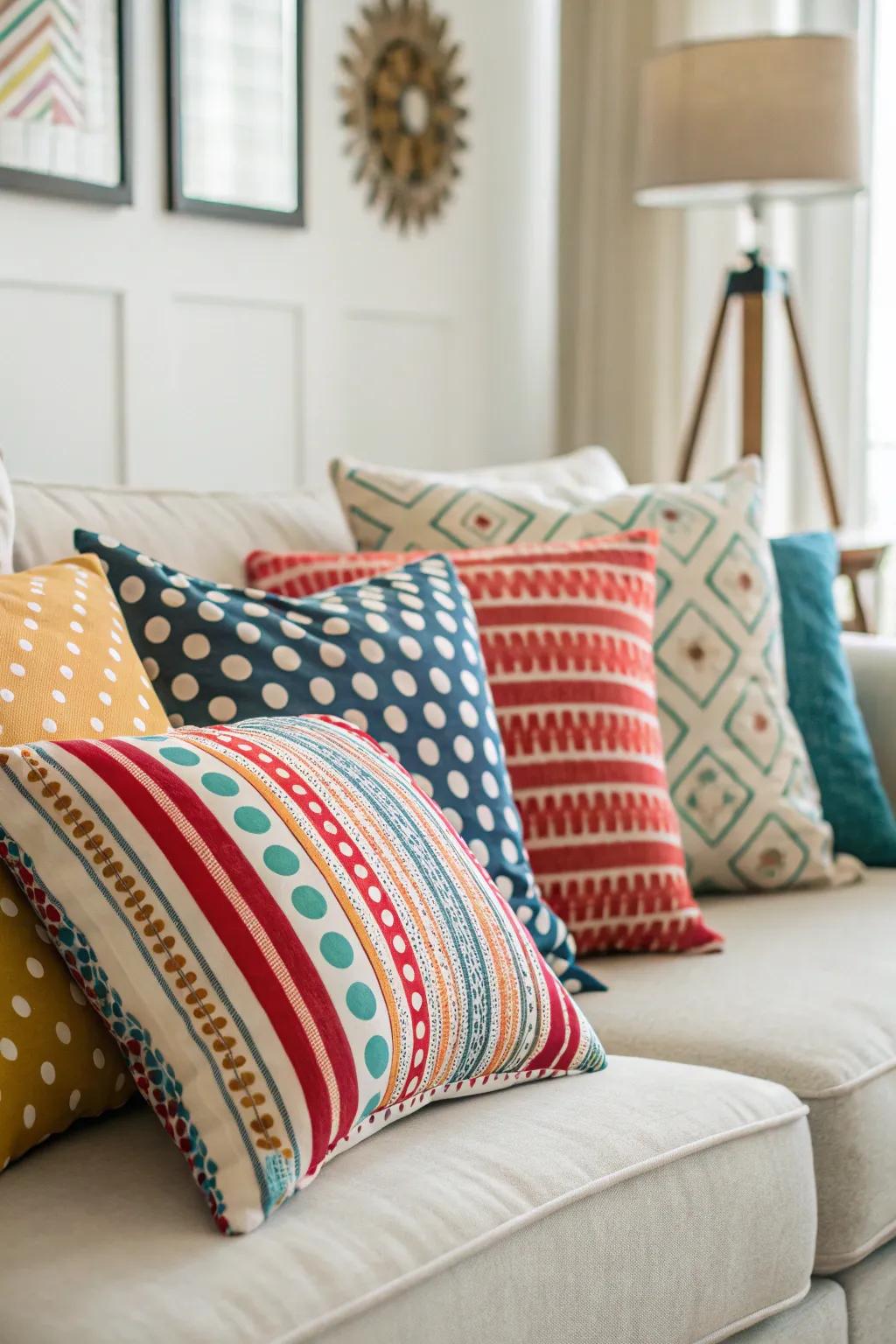 A vibrant assortment of patterned cushions enriches the character of the sofa.