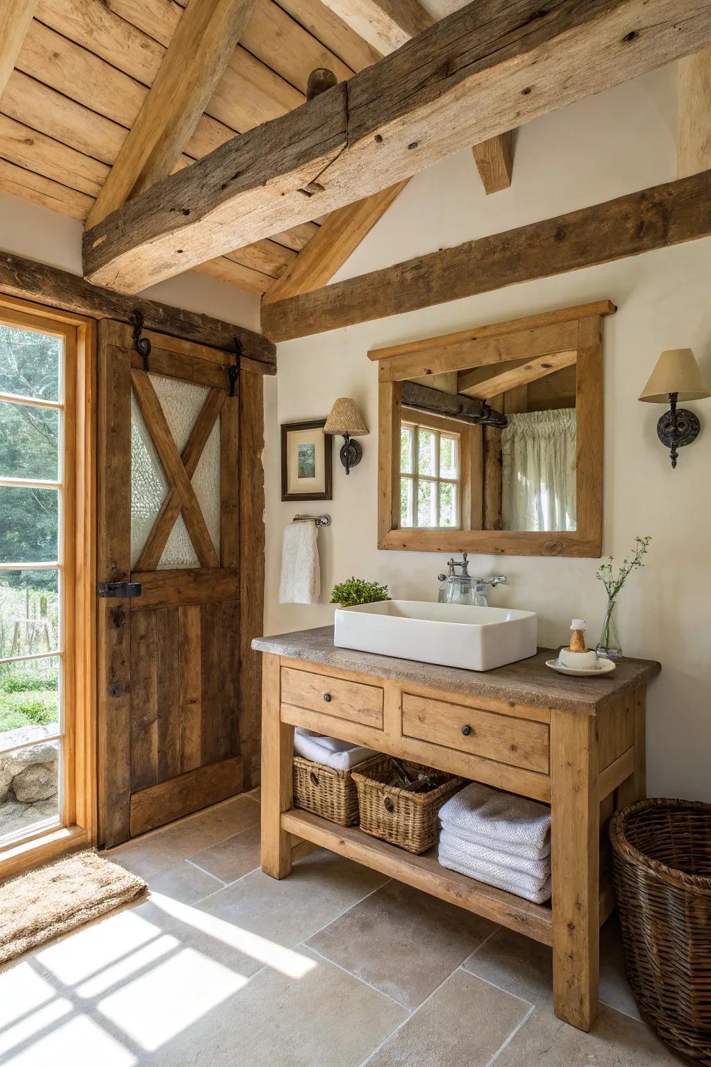 A country bathroom showcasing the beauty of natural wood elements.