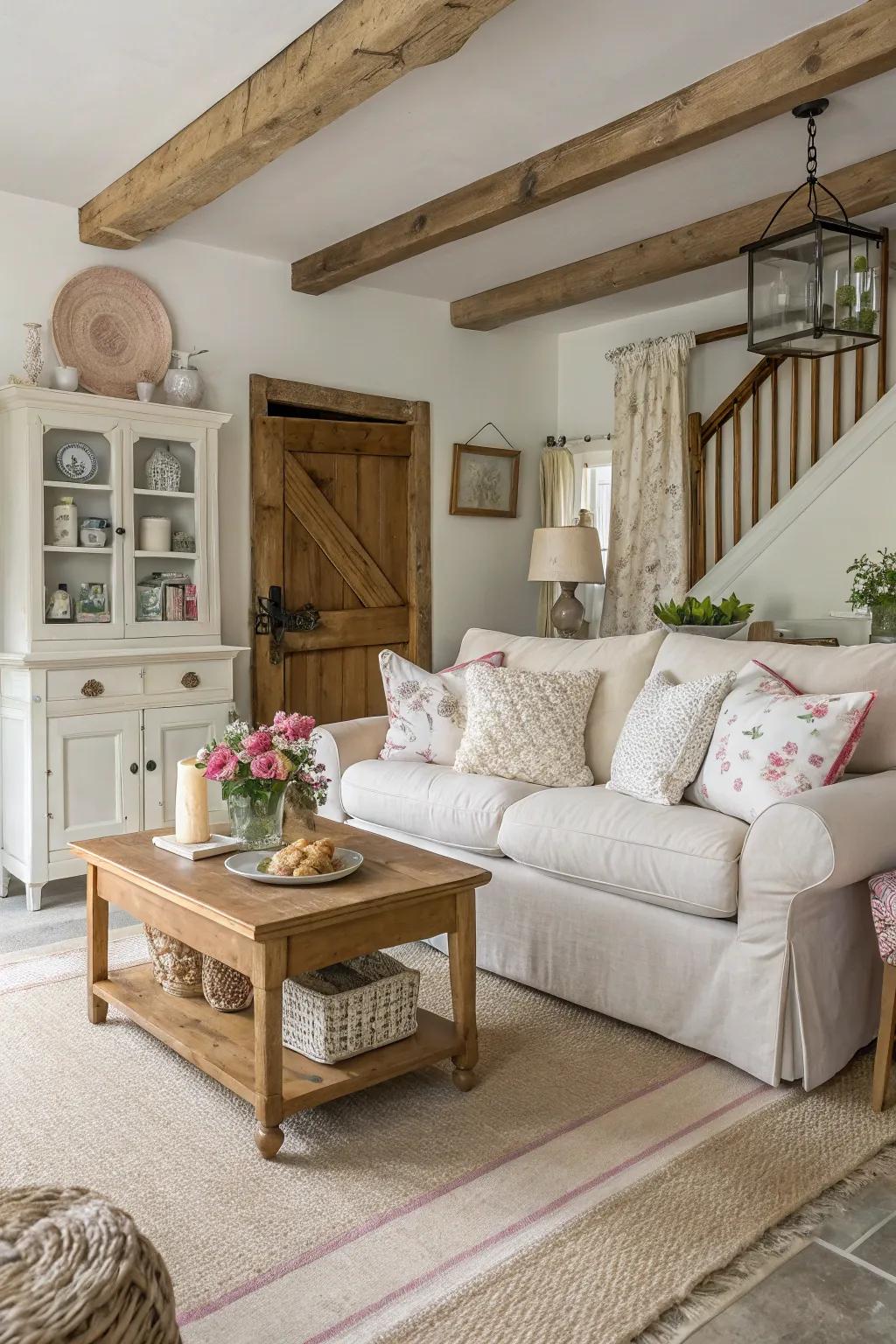 A country cottage living room with a neutral color palette.