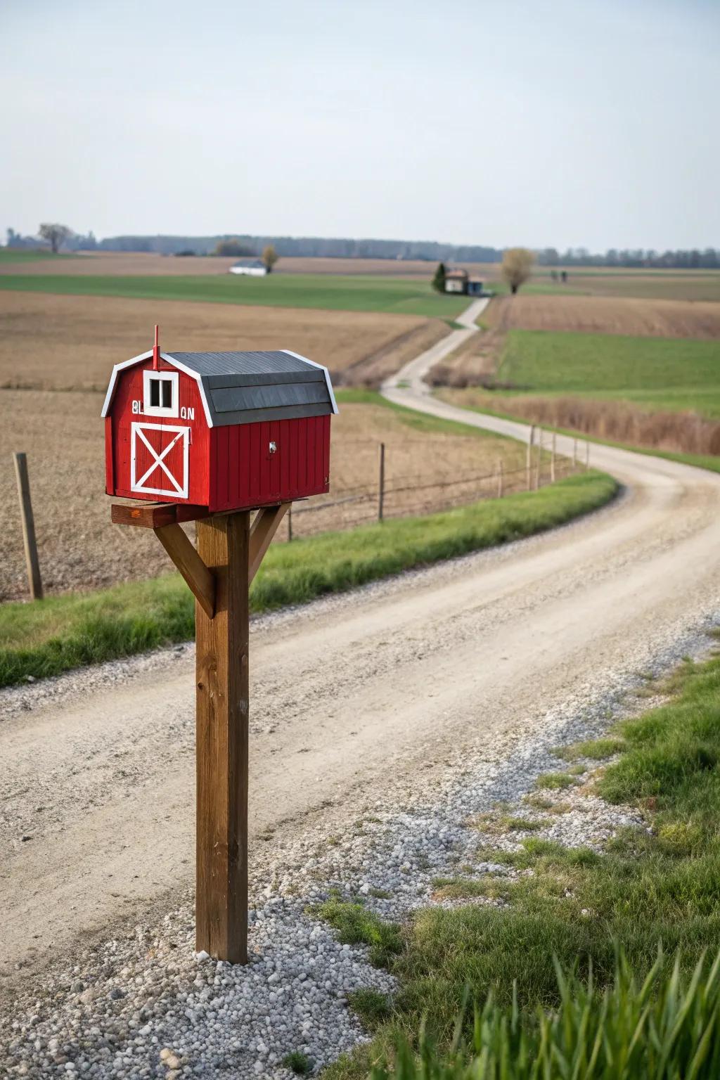 A vibrant red barn mailbox perfectly enhances the rustic setting.