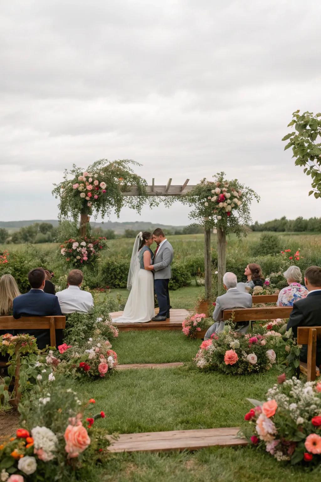 A scenic country wedding ceremony nestled in a vibrant garden environment.