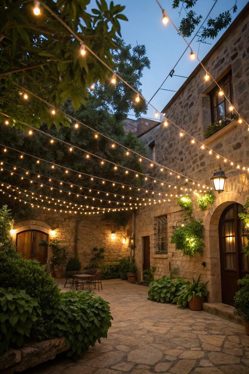 String lights craft a starry spectacle in a welcoming courtyard setting.