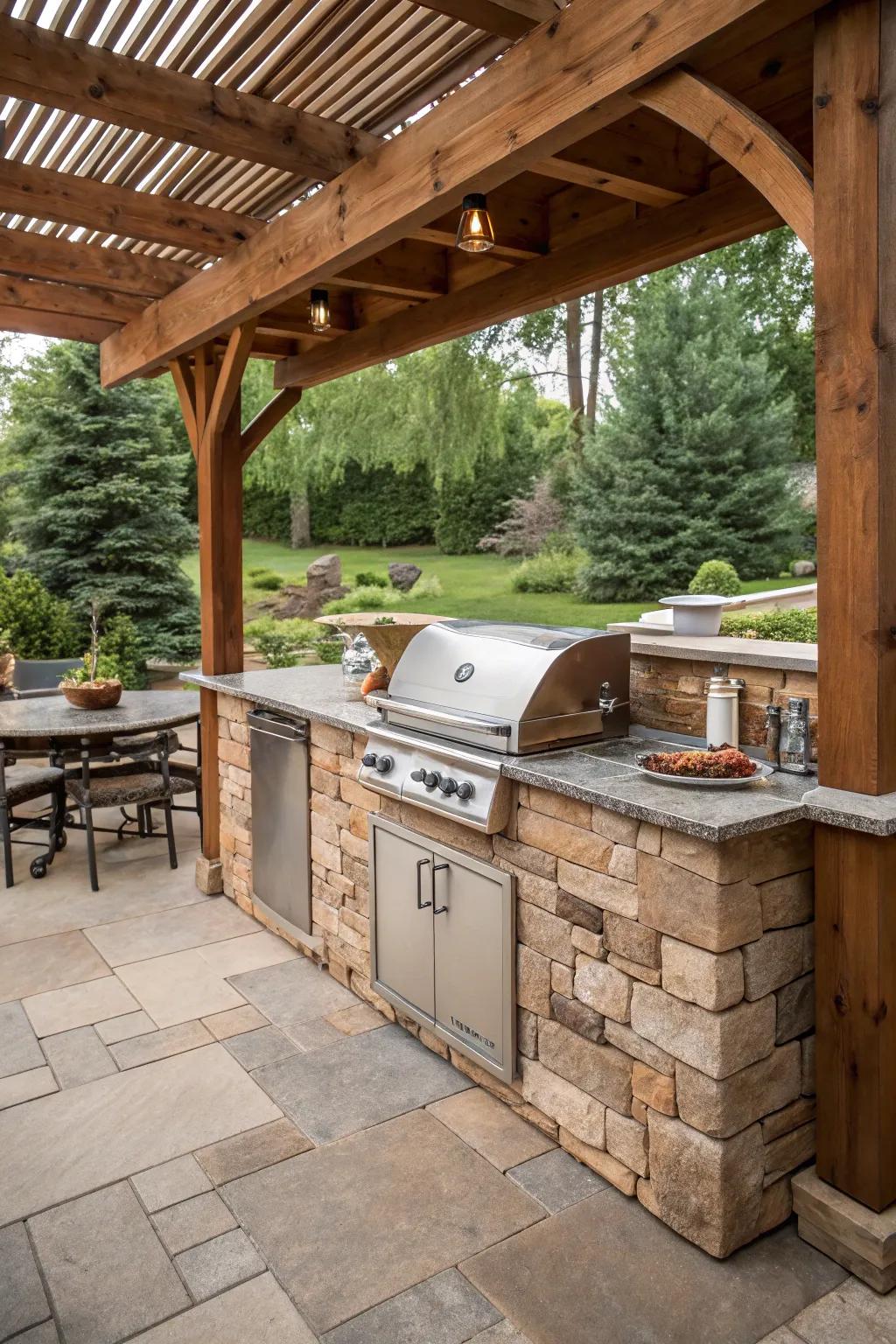 A pergola-covered kitchen featuring a built-in grill provides both style and practical benefits.