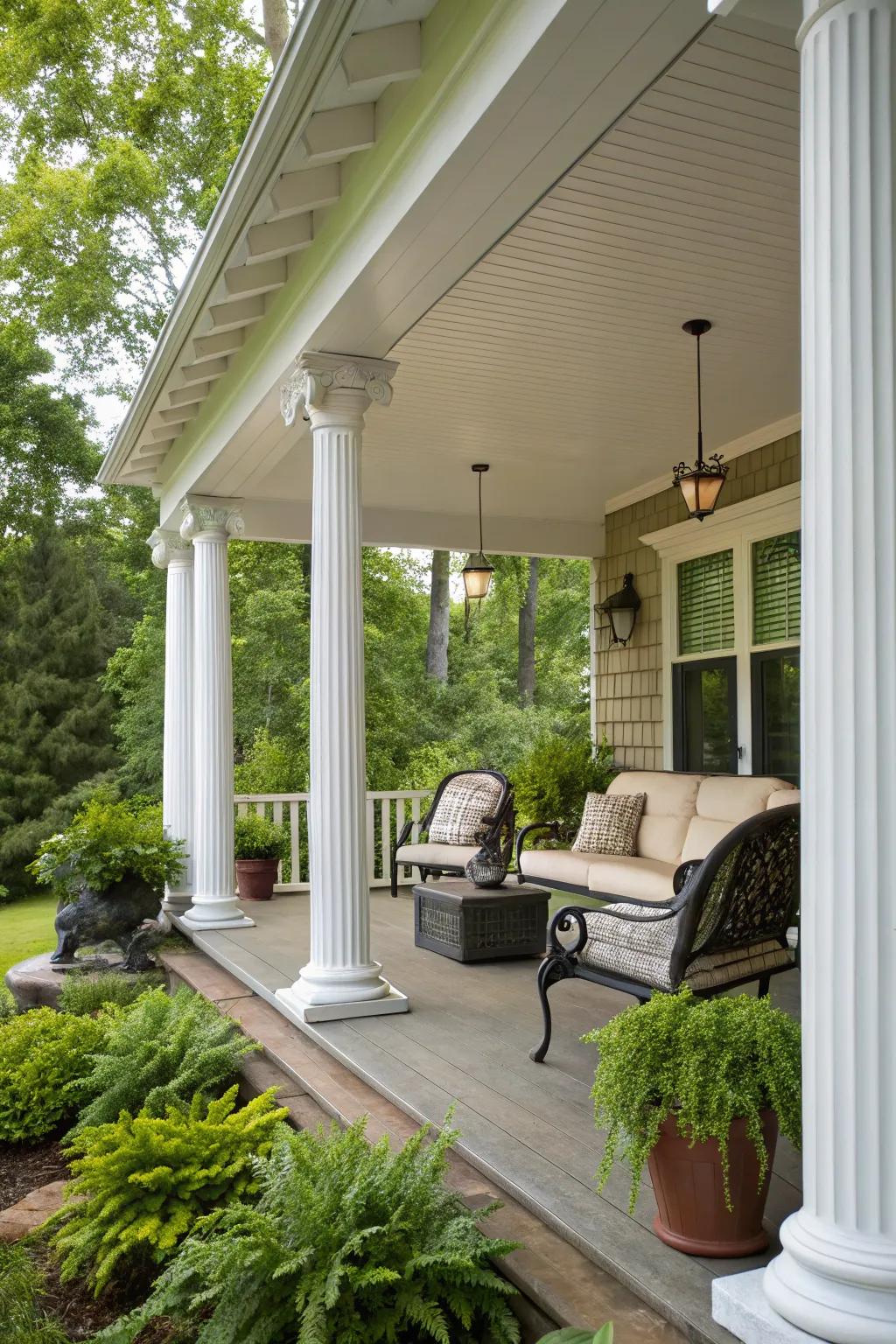 A gabled roof design delivers classic sophistication and useful protection for your porch.