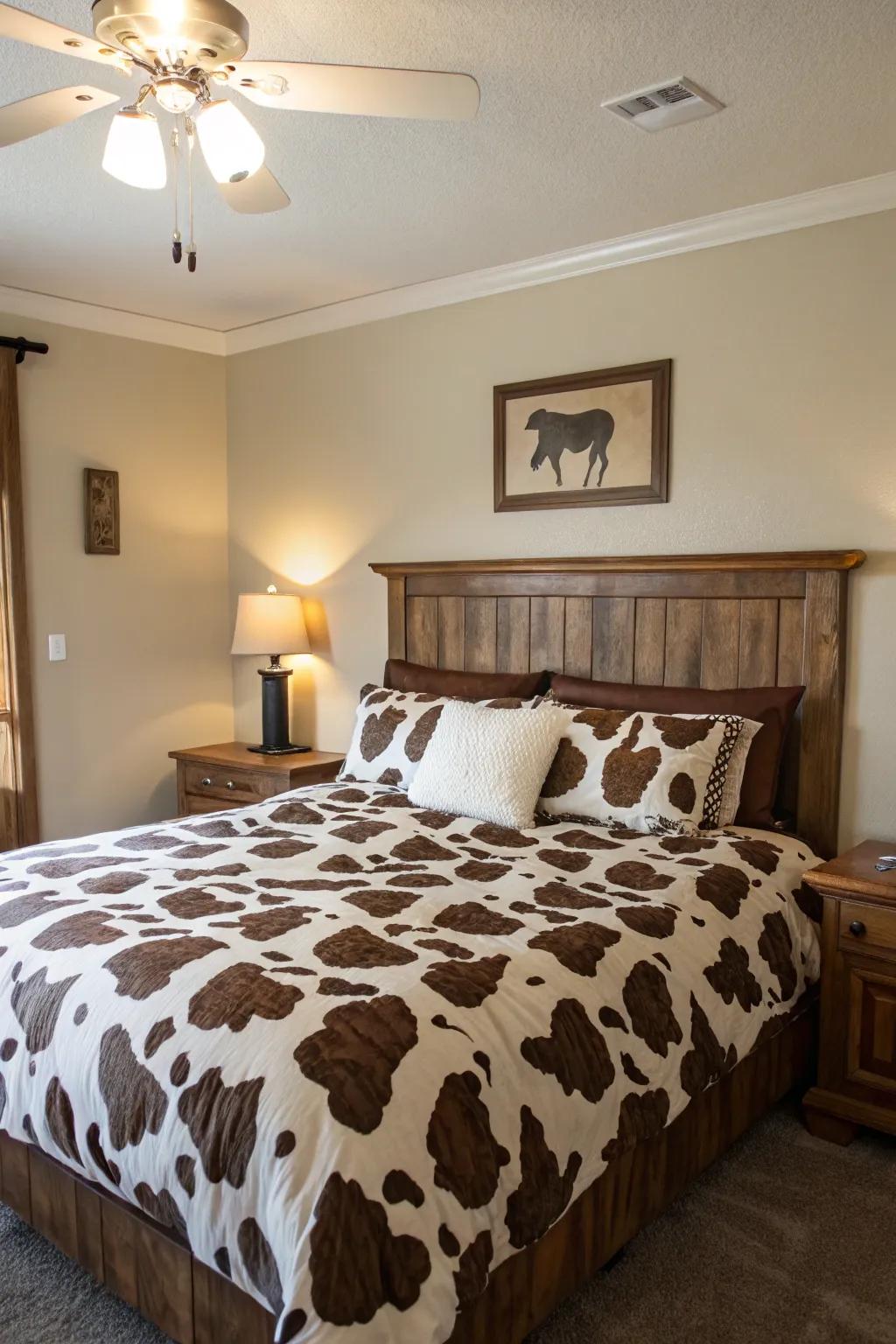 A cow print duvet brings a bold and cozy vibe to any bedroom.