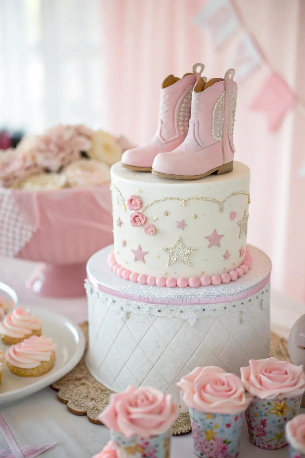 A delightful cake enhanced with fondant cowgirl boots, the perfect addition for a Western-themed baby shower.