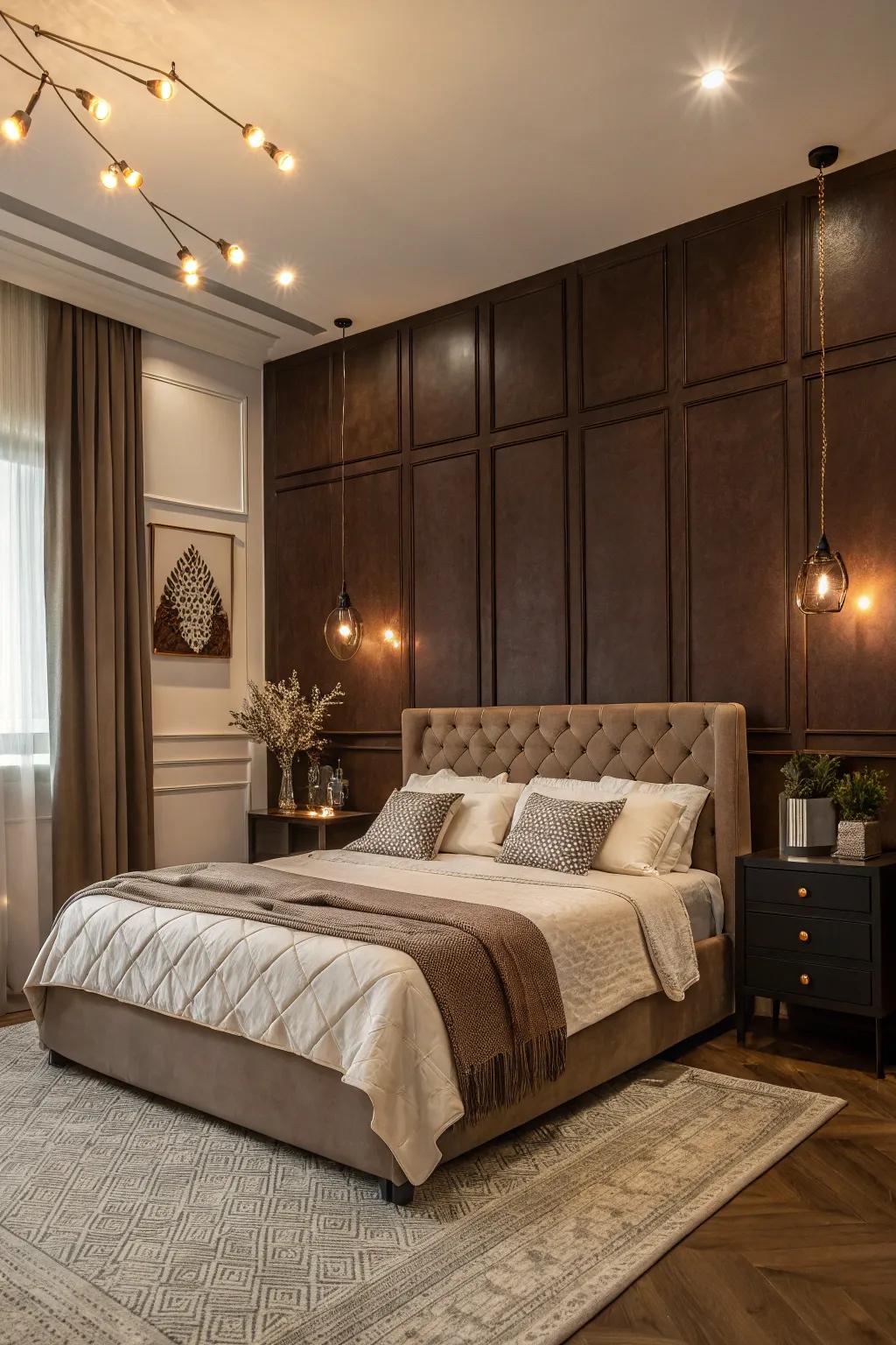 A sleeping quarter showcasing a striking cocoa accent wall highlighted with airy decor components.