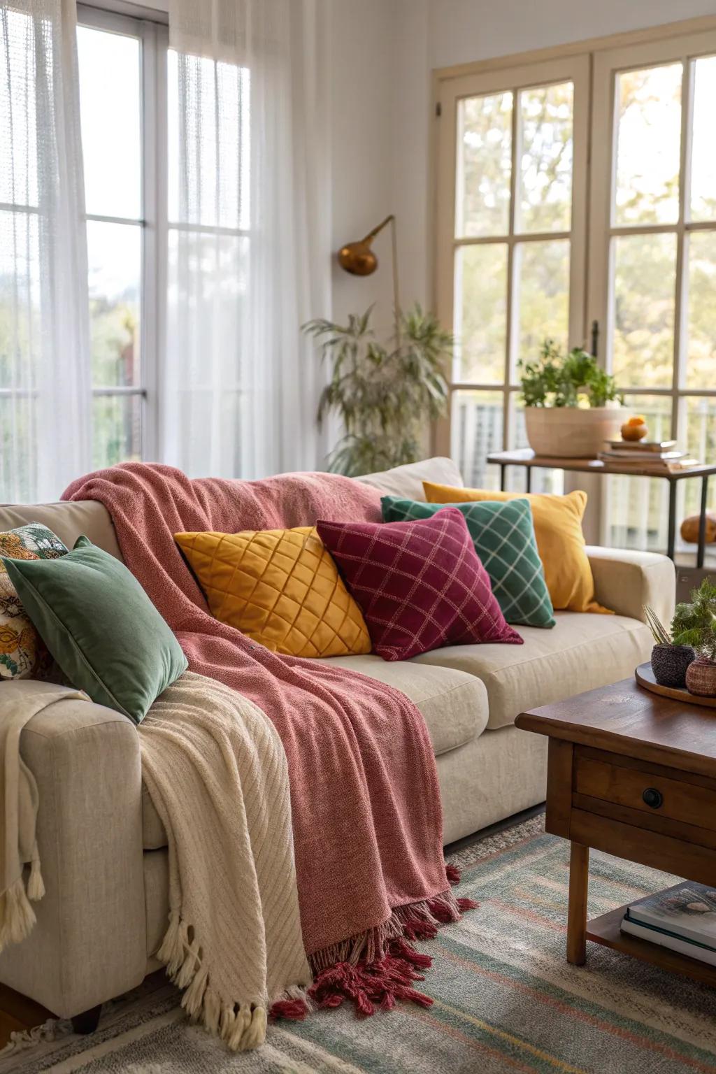 Combine plush cushions and throws to craft a gentle, welcoming space.