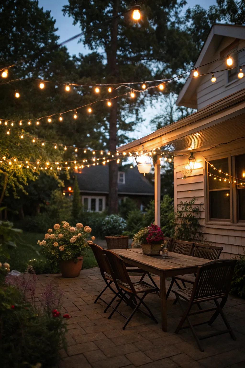 Twinkle lights introduce a captivating radiance to any patio arrangement.