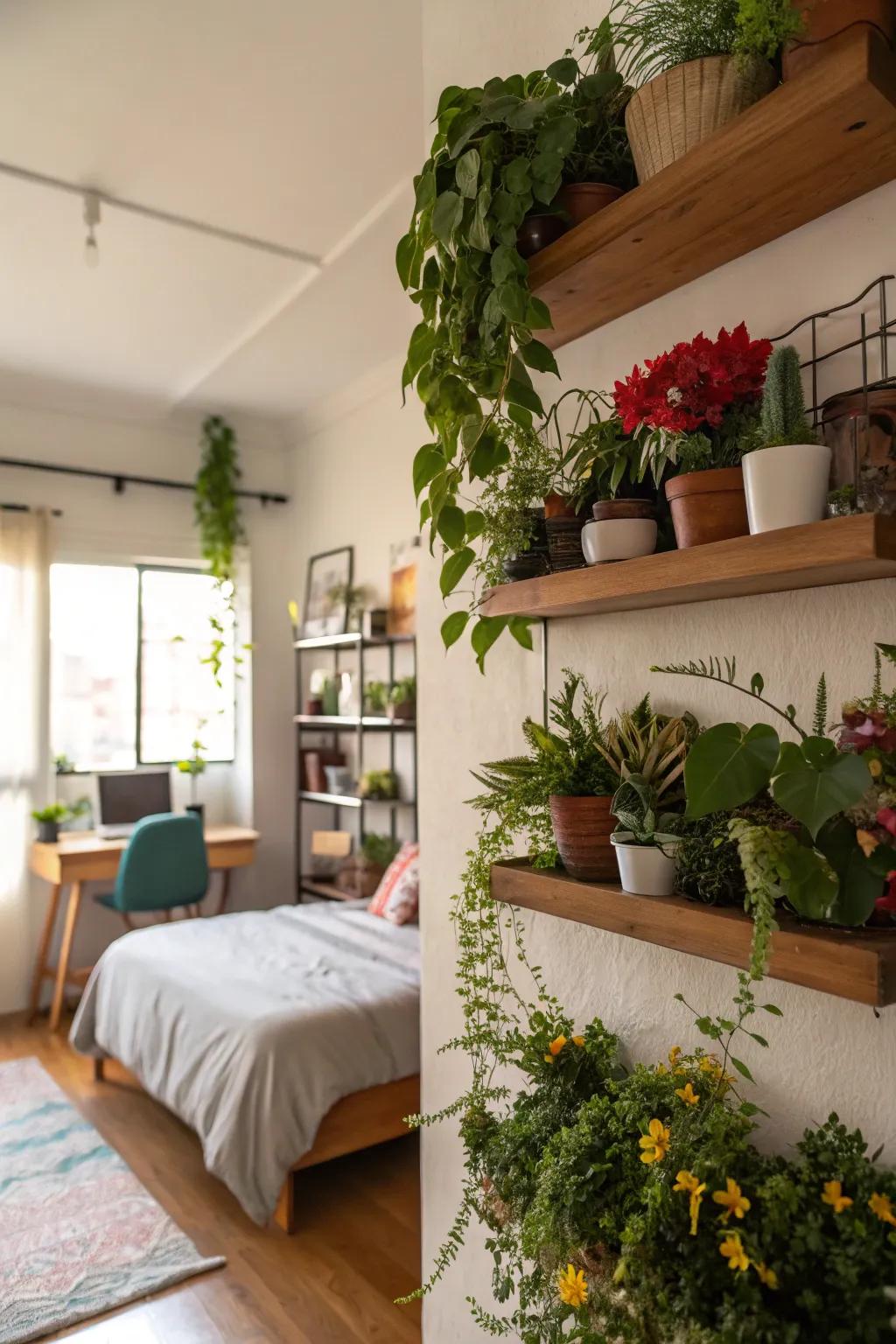 A botanical wall enlivens and infuses color into an otherwise unadorned bedroom.