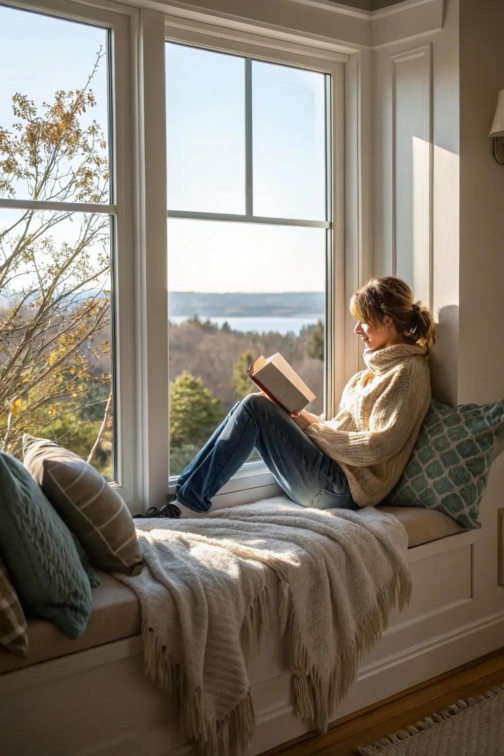 A window seat reading corner featuring cushions and a throw, delivering a snug retreat complemented by a picturesque view.