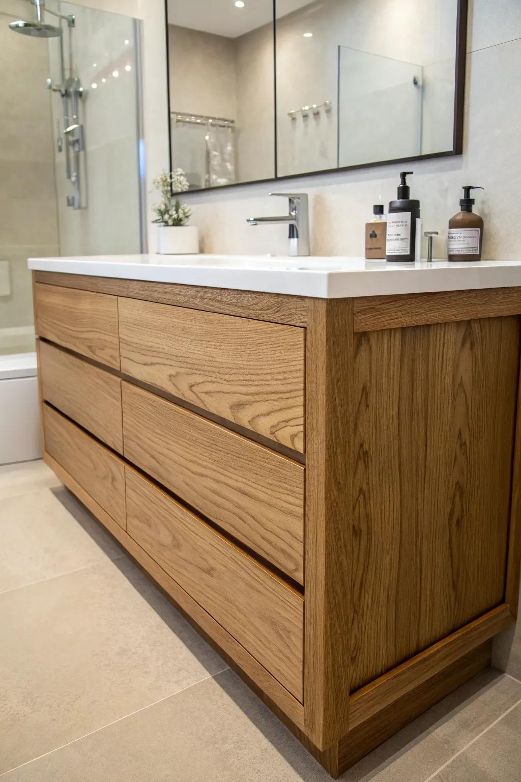 A craftsman bathroom vanity displaying deep oak wood shades.