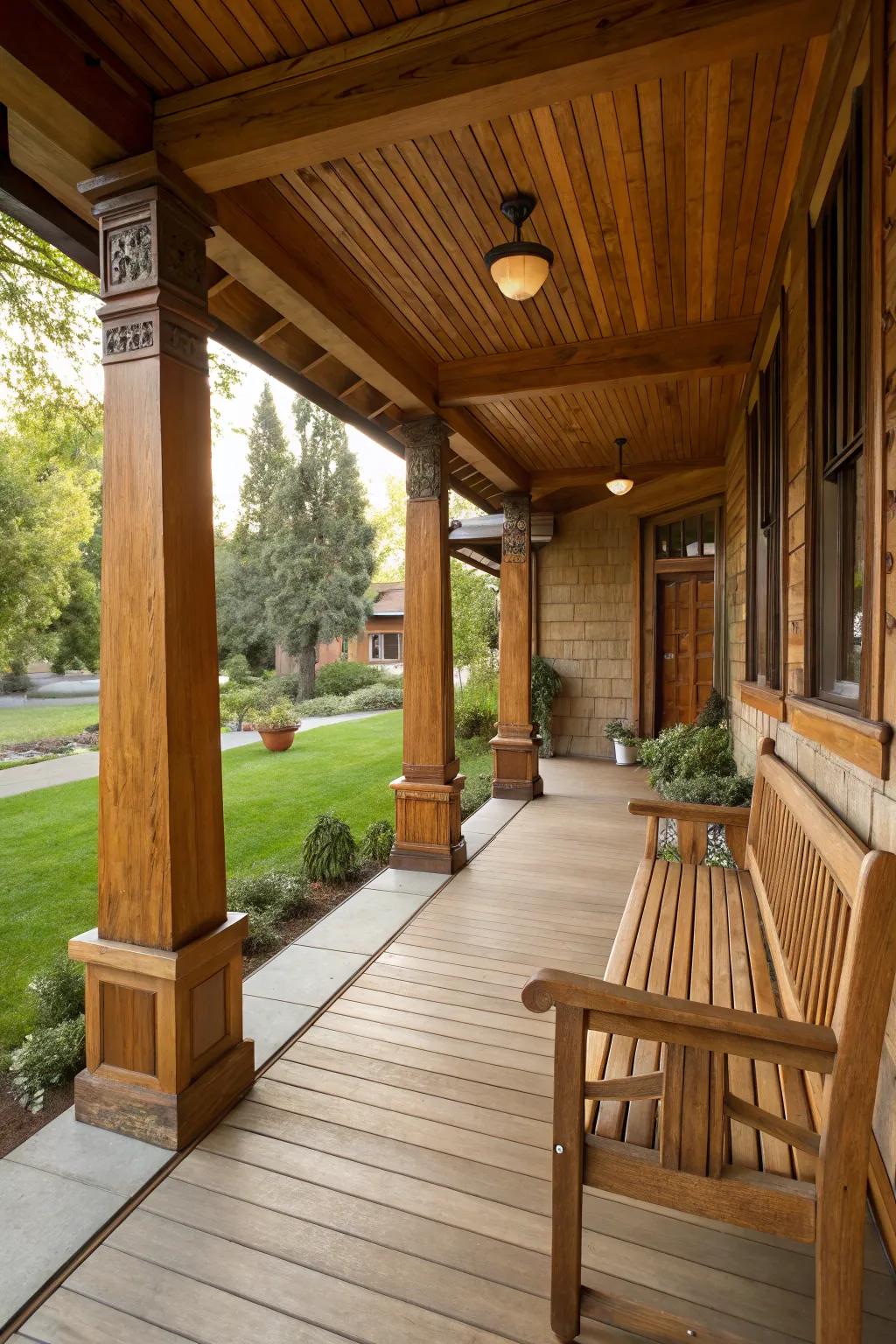 Authentic wood pillars enhance the countryside beauty of this Craftsman porch.