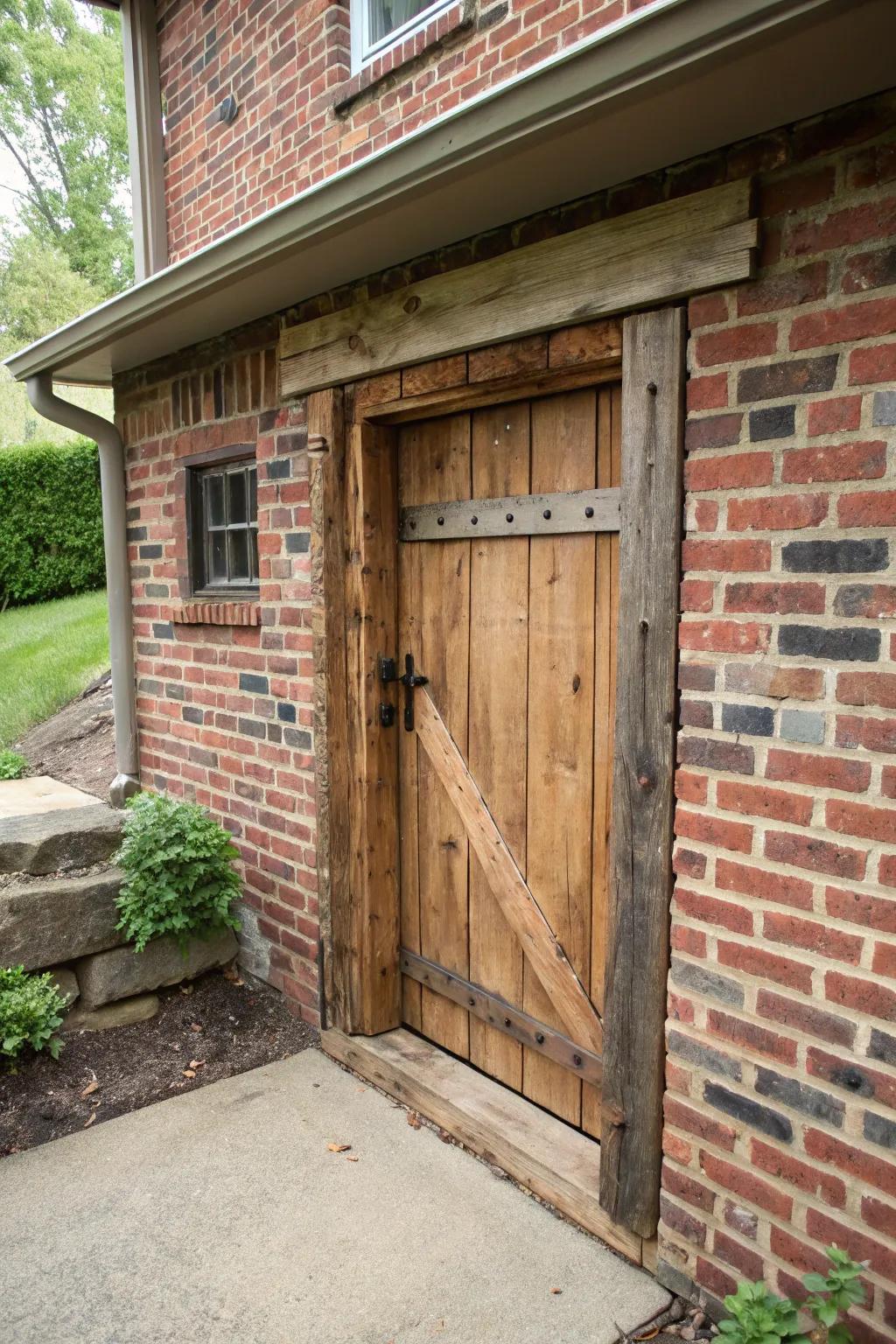 A rustic wooden crawl space door adds timeless charm to a brick home.