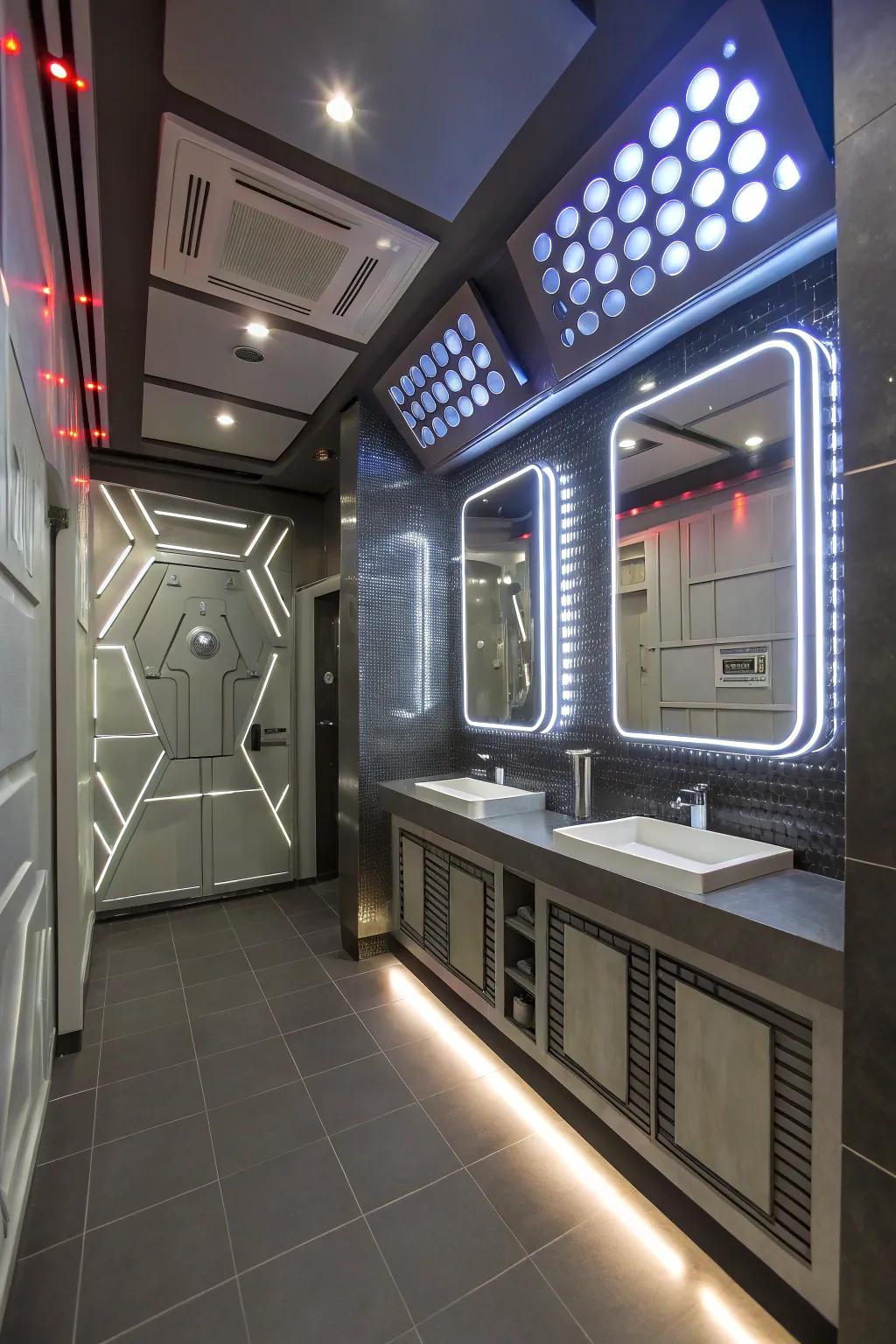 A modern bathroom brought to life with glowing LED accents and sleek metallic elements.