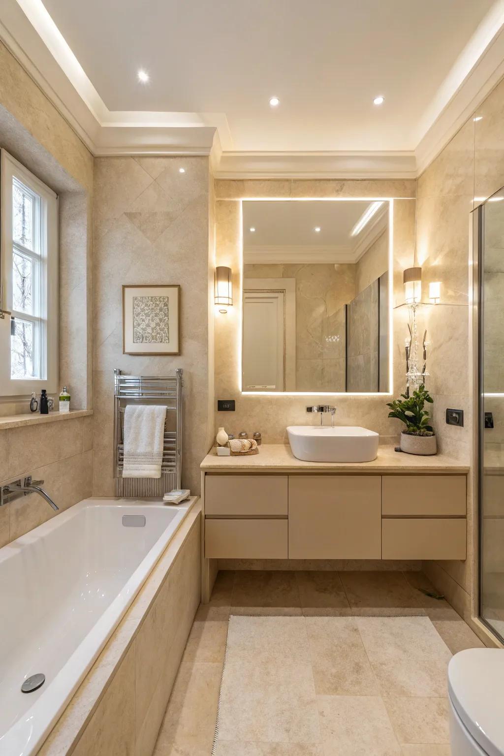 A balanced mix of cream and beige shades crafts a serene bathroom getaway.