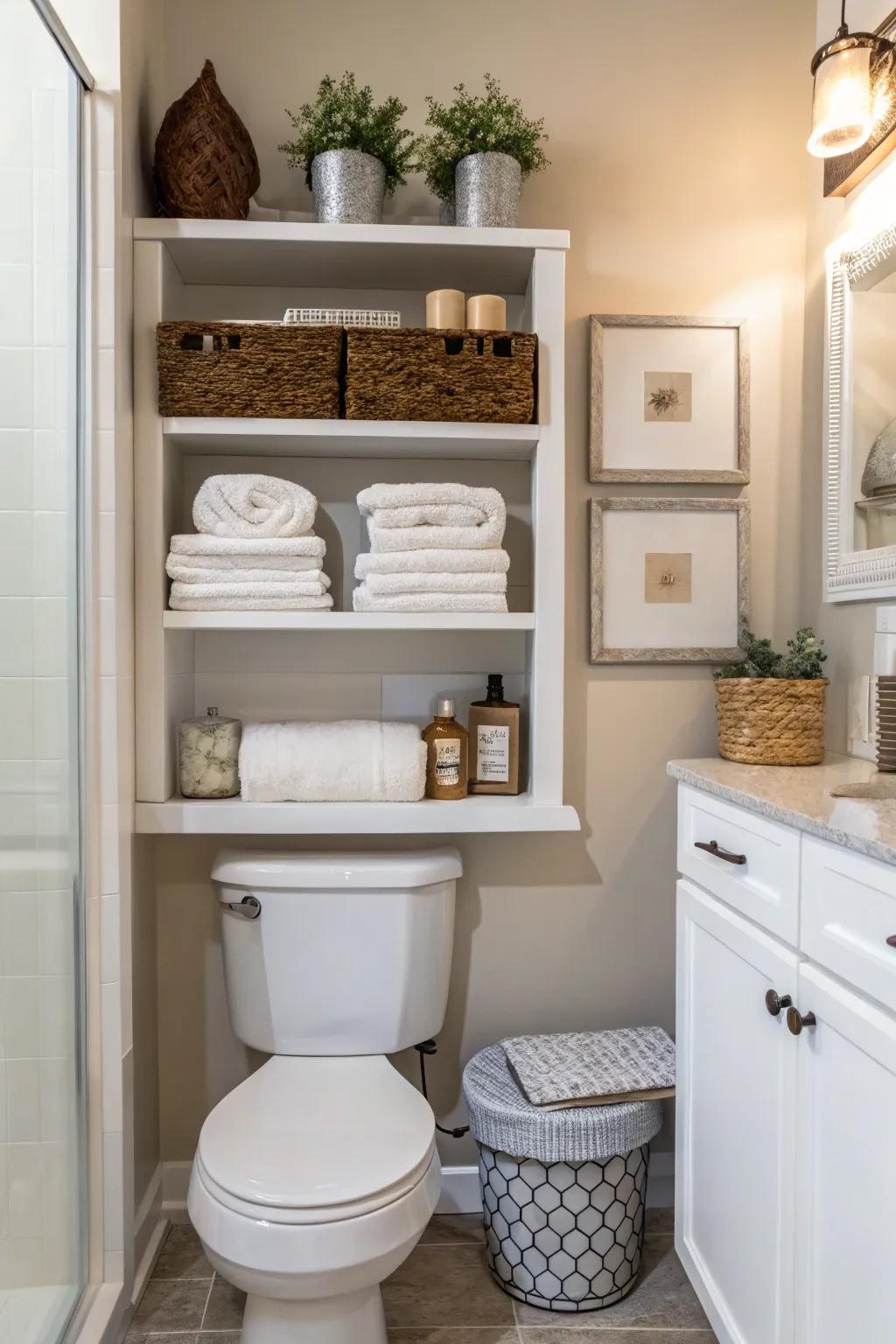 Open shelving positioned above the toilet provides an ideal mix of storage and elegance.