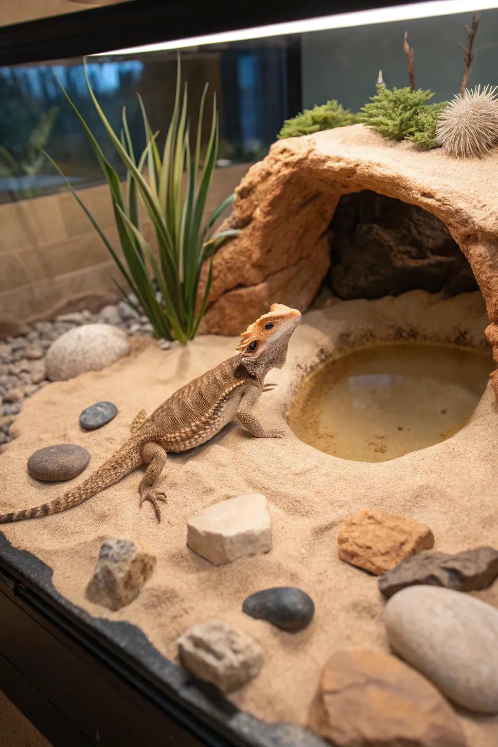 A bearded dragon tank styled to resemble a desert oasis.