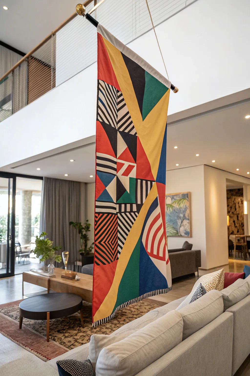 An abstract art banner introduces a burst of hue and inventiveness to your lounge.