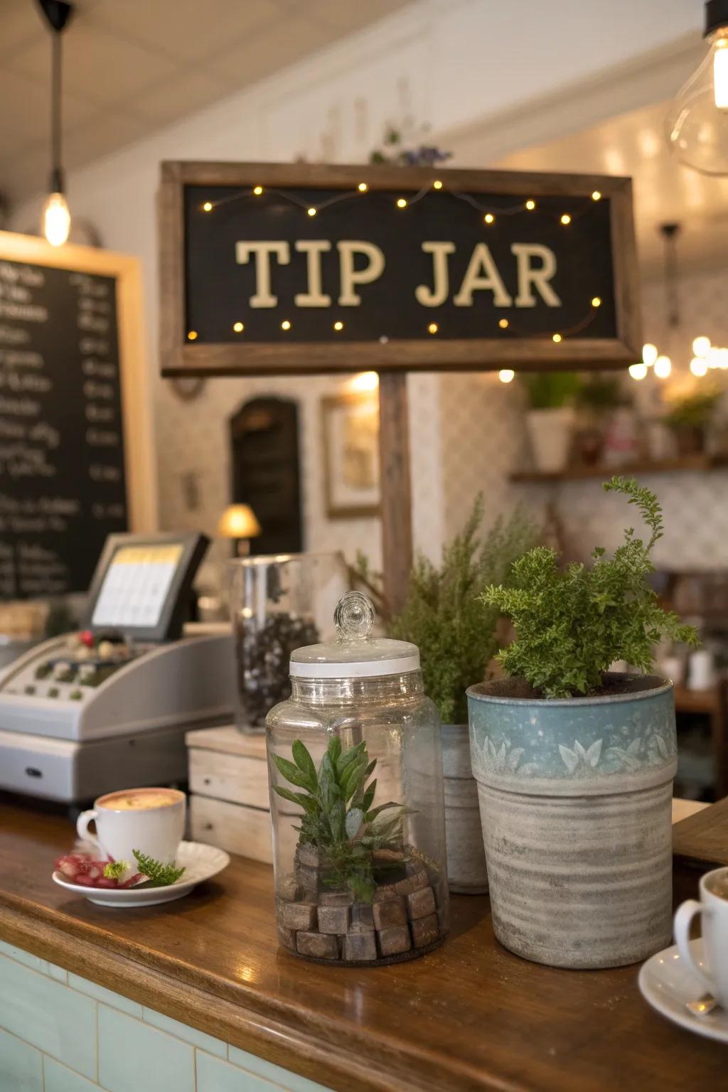 A tip jar with a classic pun sign at a cozy cafe