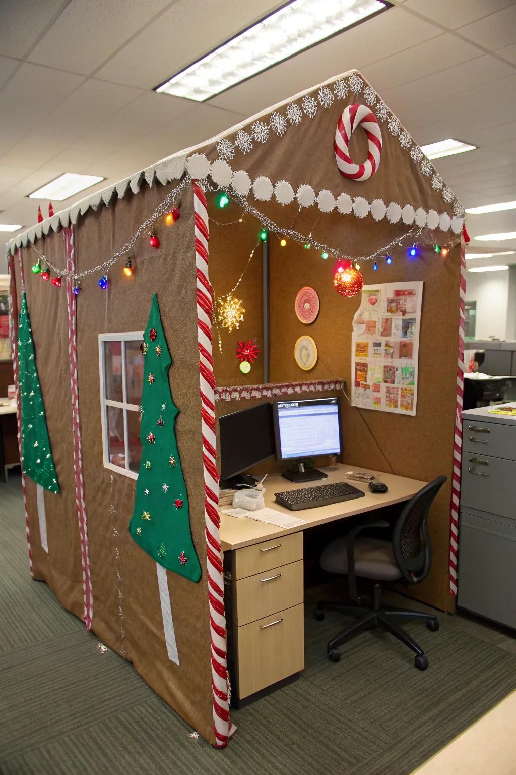 Cubicle reimagined as a delightful sweet treat cottage with holiday ornaments.