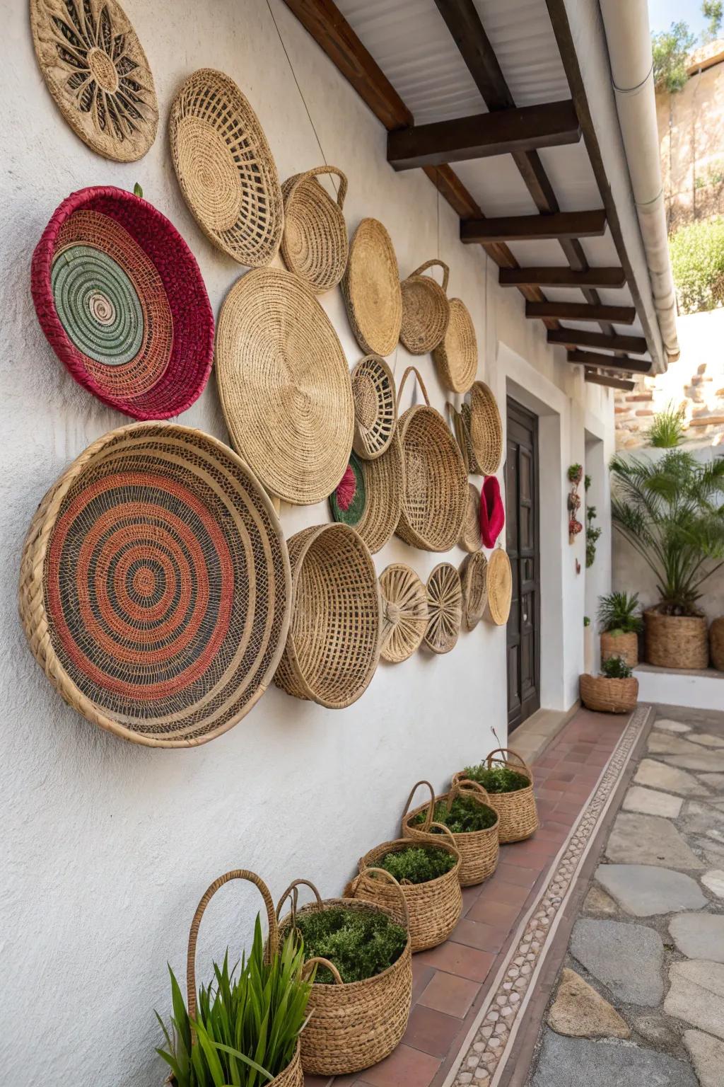 Woven baskets introduce a cozy and textured element to a living room.