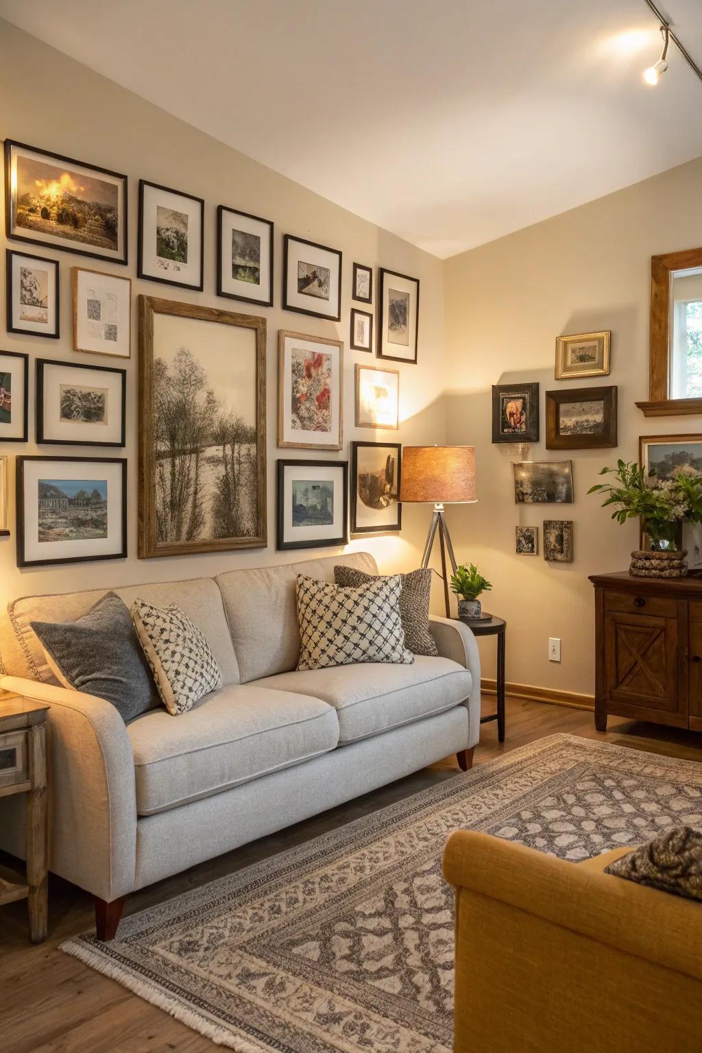 A well-thought-out gallery wall brings coziness and charm to any room.