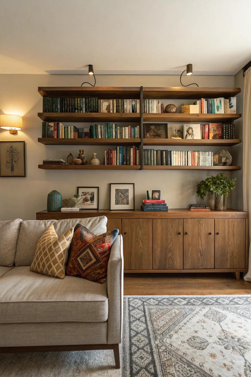 Shelving units above a sideboard create an inviting reading space.