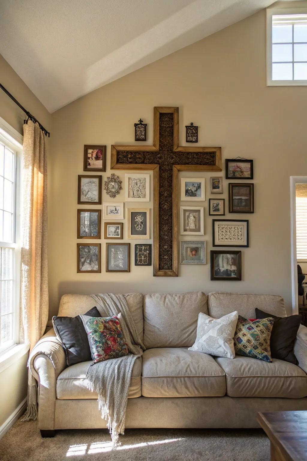 A living room showcasing a stunning array of crosses above the sofa.