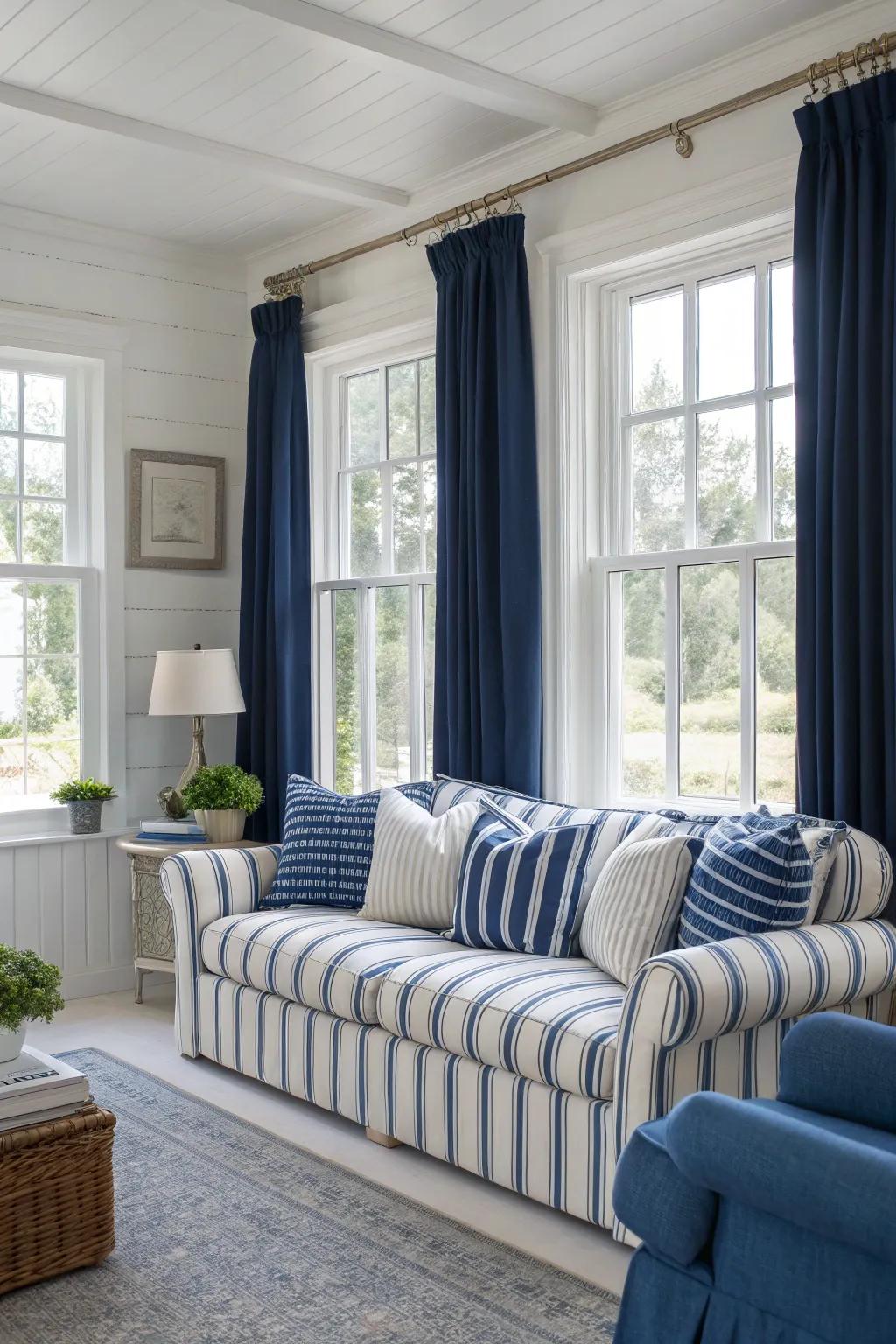 A lounge area styled in traditional maritime shades.