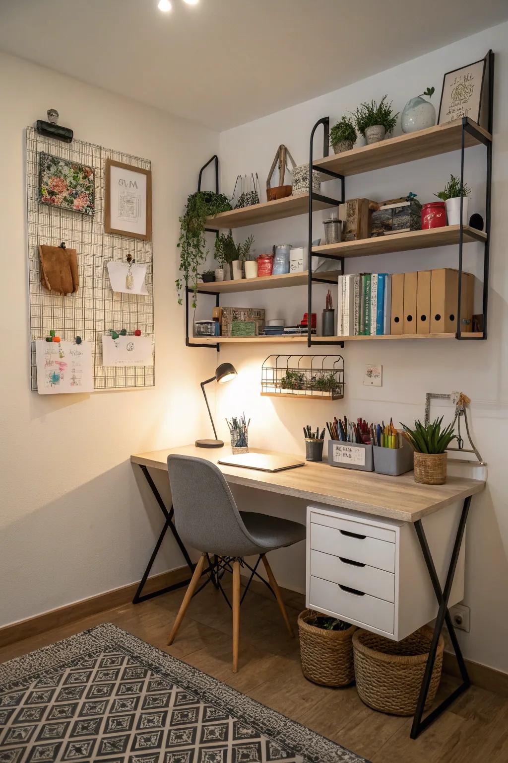 Unlock your cubicle's potential through clever shelving solutions.