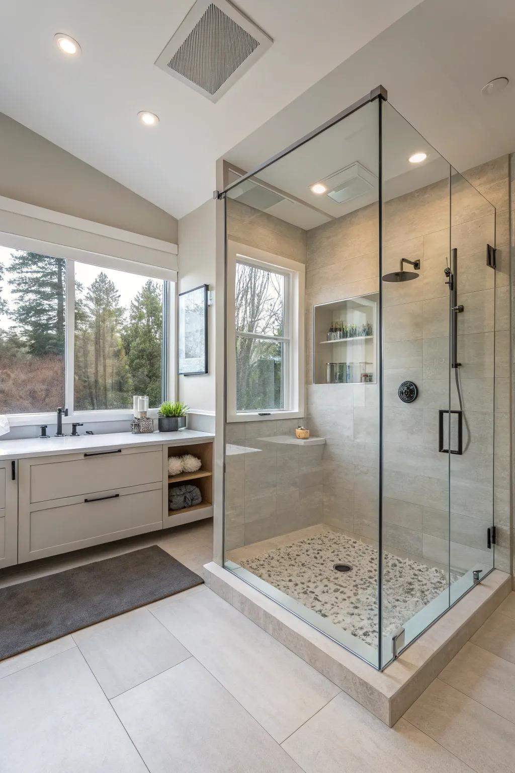 Frameless glass gives this bathroom an expansive and sophisticated feel.
