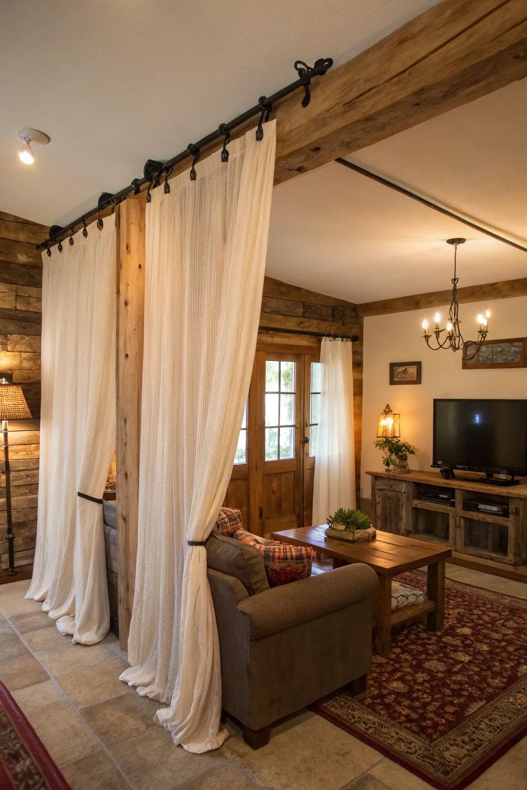 A charming DIY curtain rod made from reclaimed wood adds a rustic touch.