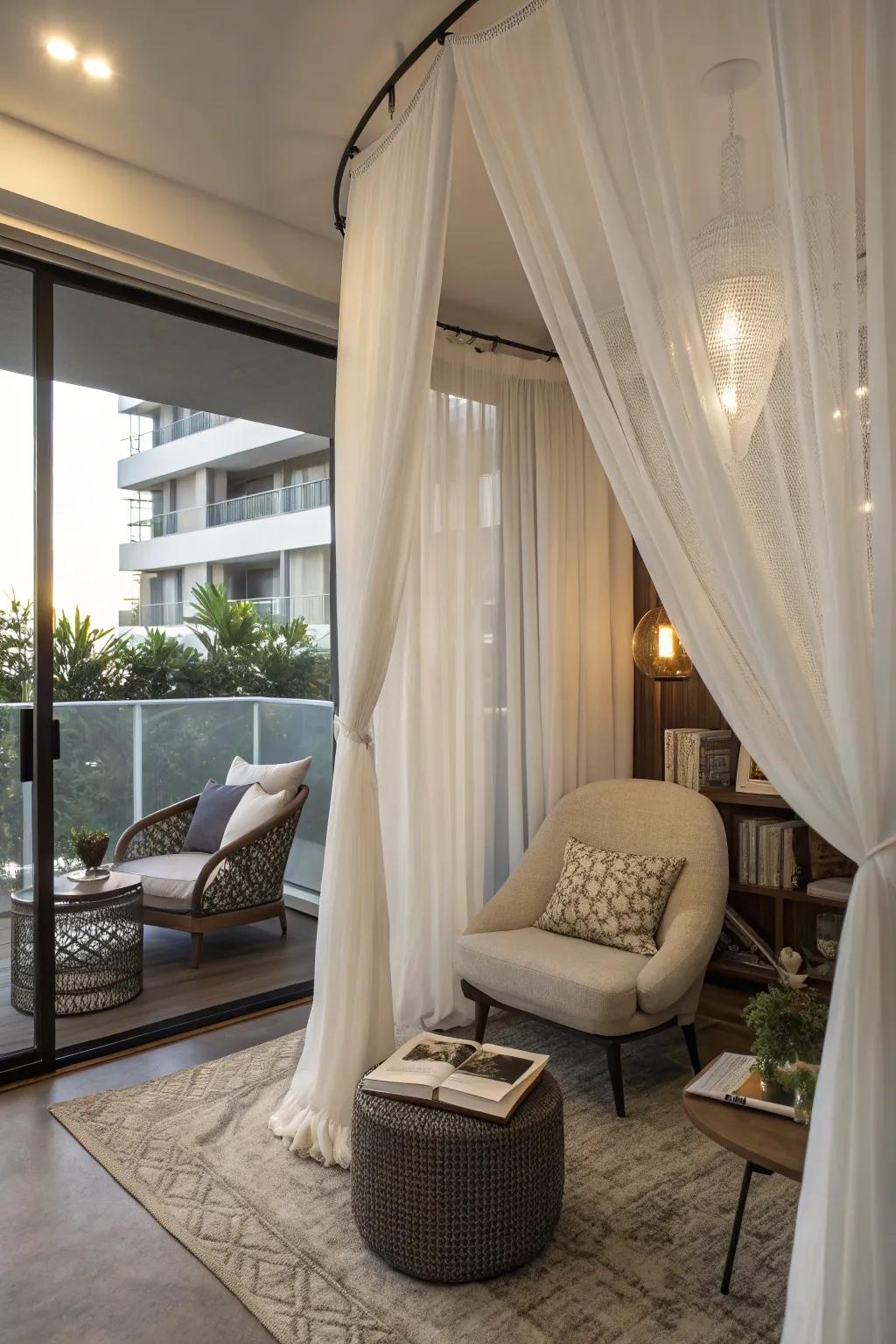 A snug bedroom corner fashioned with translucent drapes for a dreamy vibe.