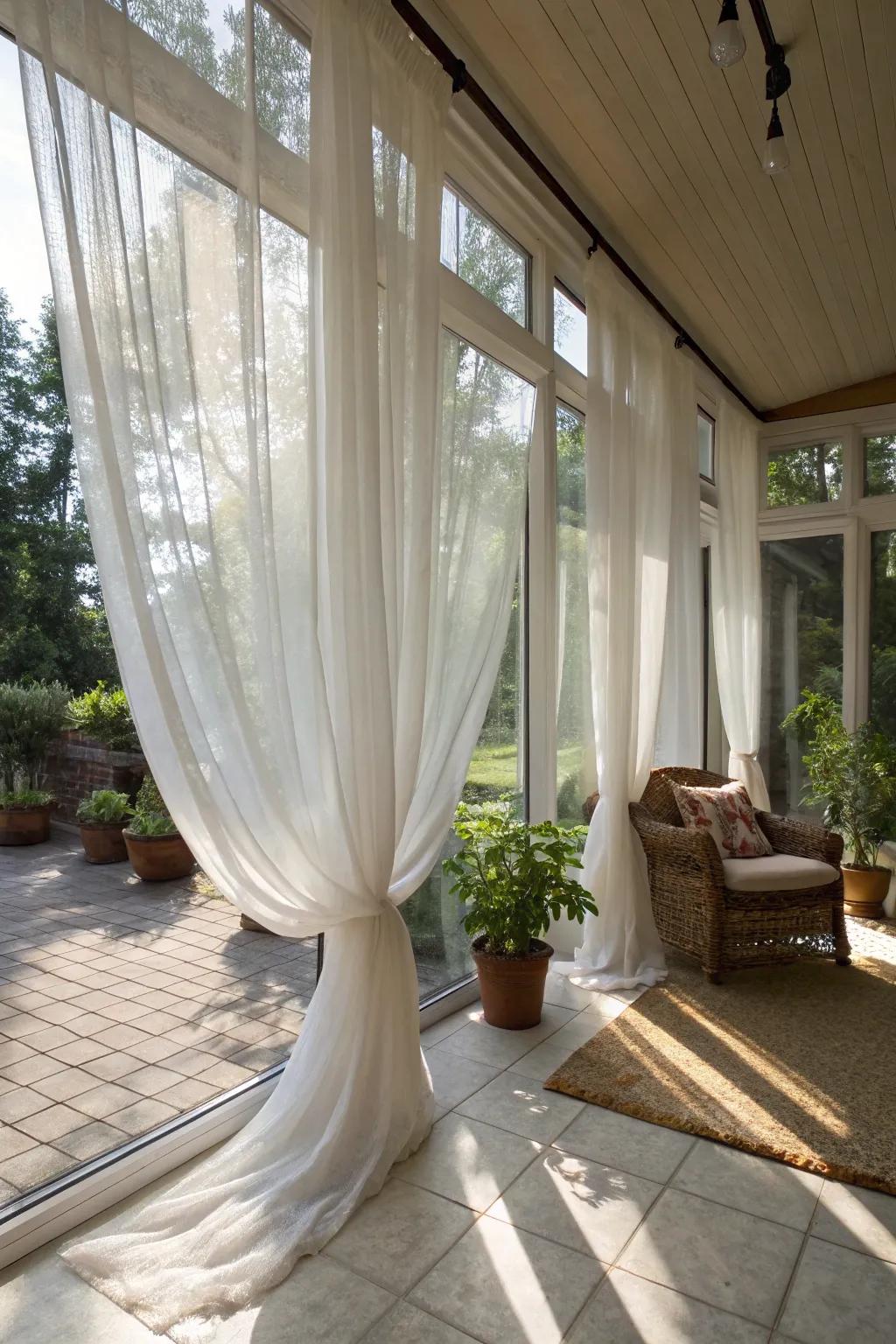 Sheer curtains impart a sense of sophistication and gentleness to any sunroom.