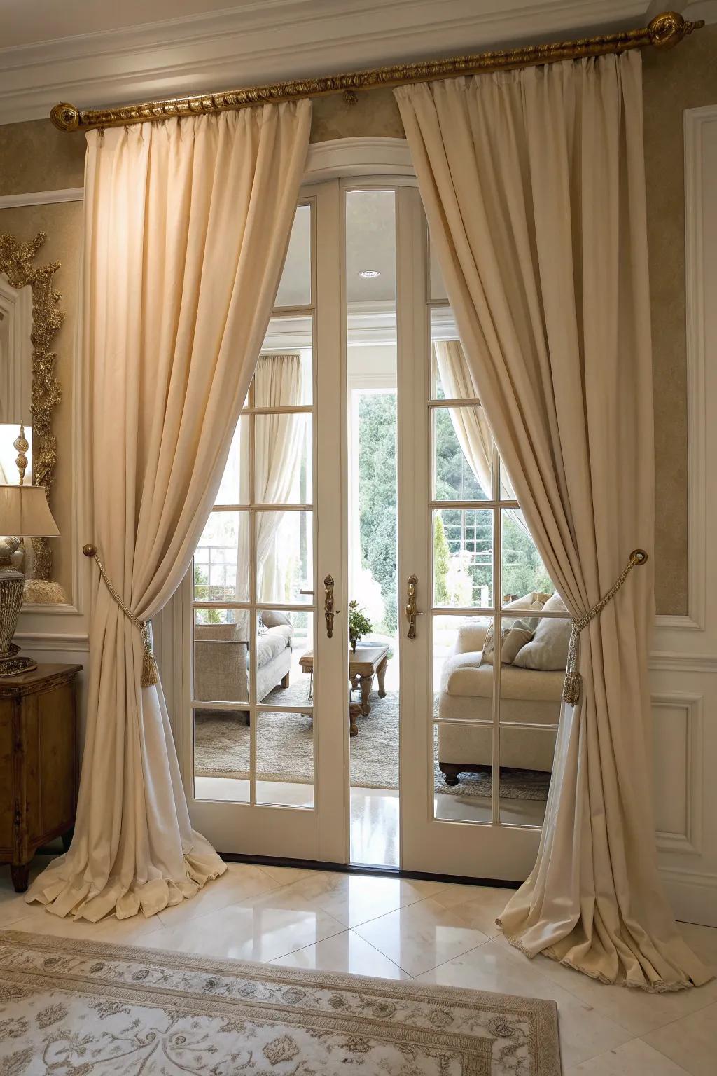 Muted drapery adds a sophisticated touch to French doors.
