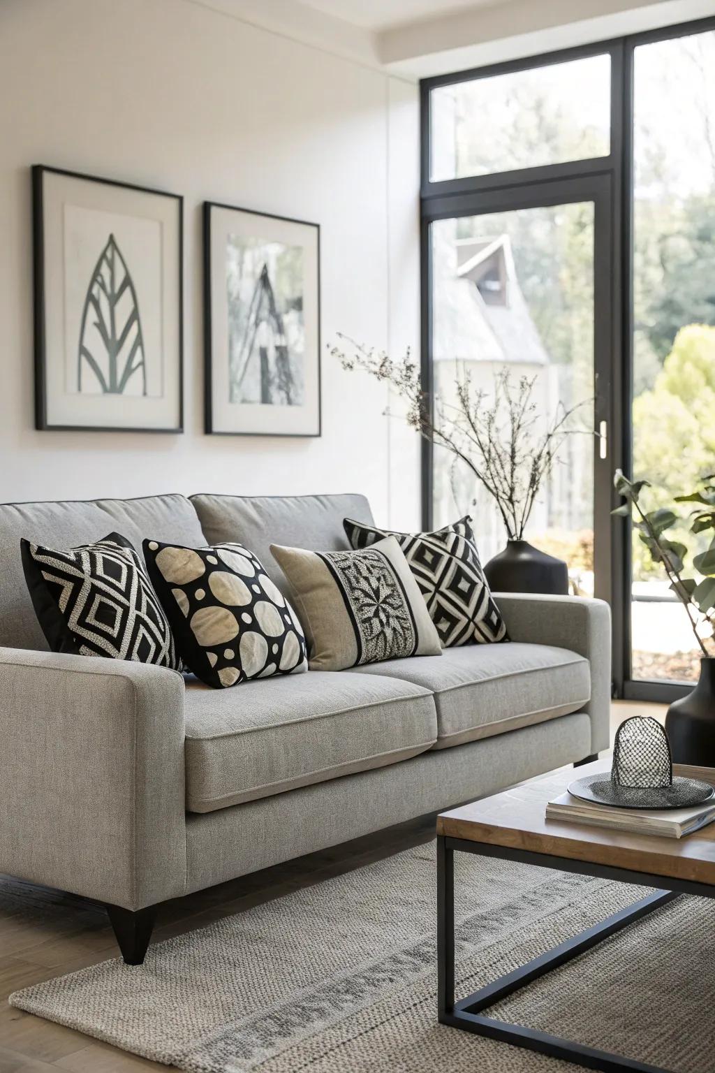 Black and white cushions impart a classic sophistication to a grey sofa.