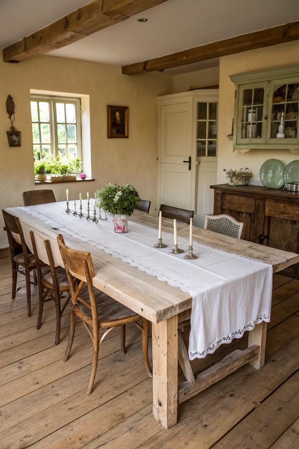 Reclaimed wood dining table radiating warmth and rustic appeal